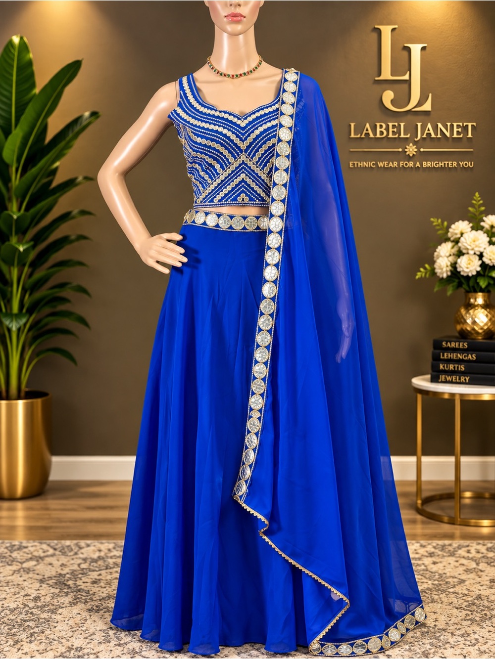 Royal Blue Embellished Women's Skirt Set,size - M